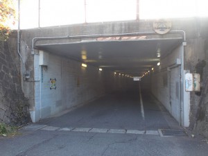 手向山手前のこの先行き止まりの標識から左折したところにあるＪＲガード下のトンネルの画像