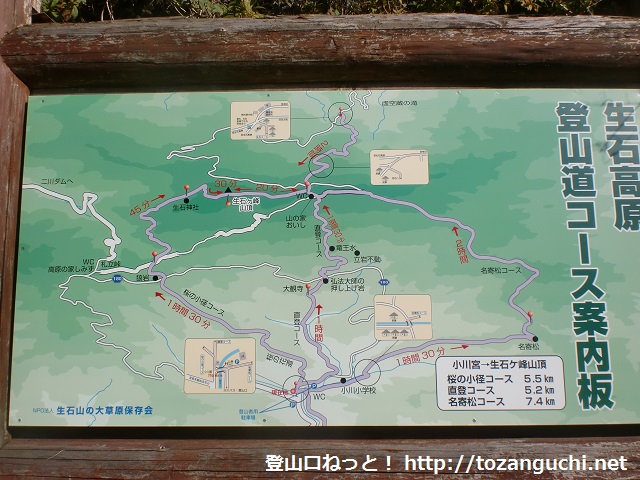 小川八幡バス停そばに設置してある生石ヶ峰の登山コース案内板