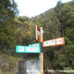 高松山の登山口に向かう途中の林道の入口分岐に設置されている高松山の登山コースを示す道標