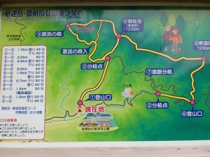 御前岳登山口に設置してある釈迦ヶ岳・御前岳登山ルート図の画像