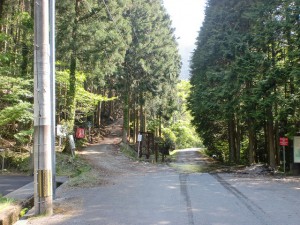 犬ヶ岳登山口－左の道がウグイス谷コース、右のコースは恐渕コースの画像