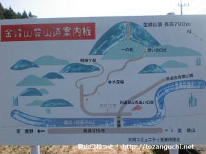 大向バス停横の橋を渡ったところに立てられている金峰山の案内板